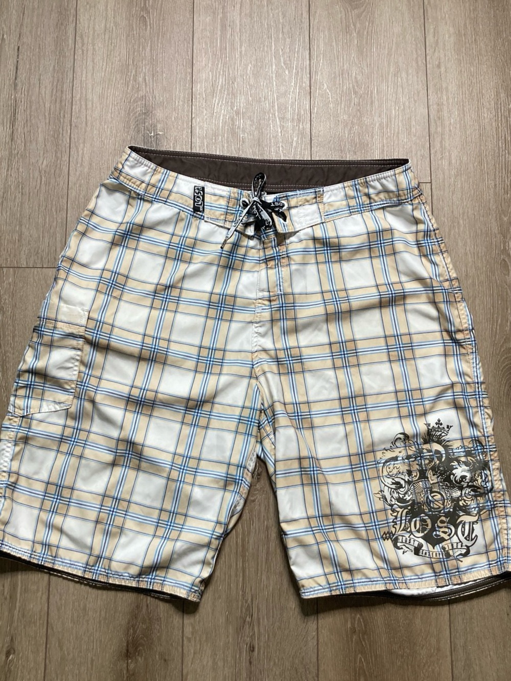 Lost Men's Plaid Board Shorts in Cream, Blue, and Tan
